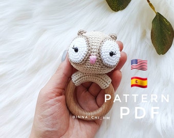 MODÈLE UNIQUEMENT : Hochet pour bébé hibou | Hibou au crochet | Jouet animal des bois | Modèle PDF facile à suivre en anglais, espagnol