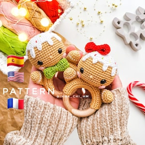 PATTERN ONLY: Gingerbread boy and girl baby rattles | Christmas ornament | Cookie amigurumi toy | PDF Pattern in English, Spanish, French