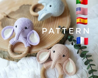 SOLO MODELLO: Sonaglio elefante / Giocattolo animale safari / Animale giungla Amigurumi / Modello PDF facile da seguire in inglese, spagnolo, francese