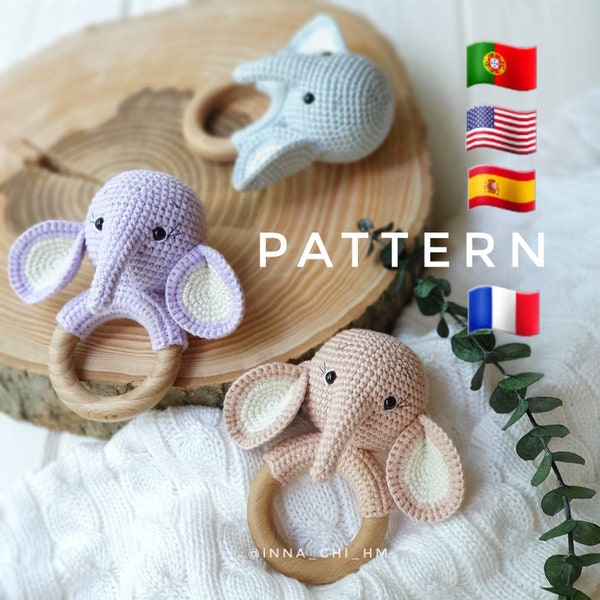 PATTERN ONLY: Elephant Rattle | Safari Animal Toy | Amigurumi Jungle Animal | Easy To Follow PDF Pattern in English,  Spanish,  French