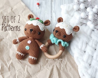 Set of 2 PATTERNS: Christmas Gingerbread Bear toy and rattle| First Christmas baby gift | Diy Xmas present | PDF Crochet Pattern English