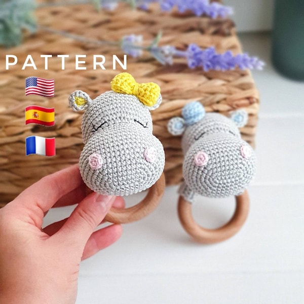 PATTERN ONLY: Hippo rattle | Hippo amigurumi toy | Hippopotamus toy tutorial | PDF Crochet Pattern in English, Spanish, French