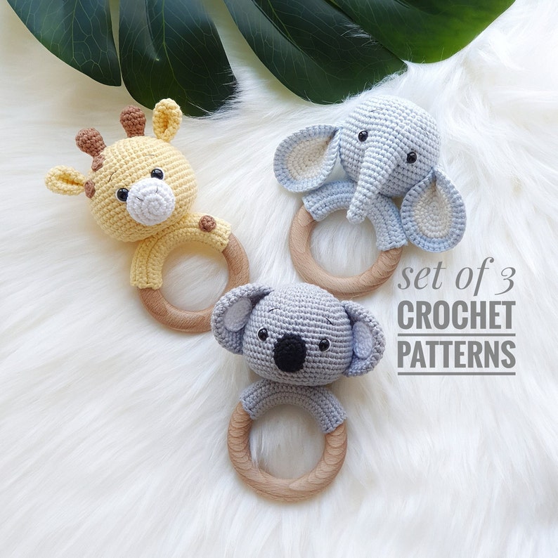 Set of 3 patterns ELEPHANT, GIRAFFE and KOALA Crochet Safari Animal Patterns Amigurumi Toys Easy to follow Pdf Patterns image 1