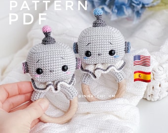 PATTERN ONLY: Robot baby rattle | Robot amigurumi toy | Diy Robot gift for kid | Easy To Follow PDF Pattern in English, Spanish