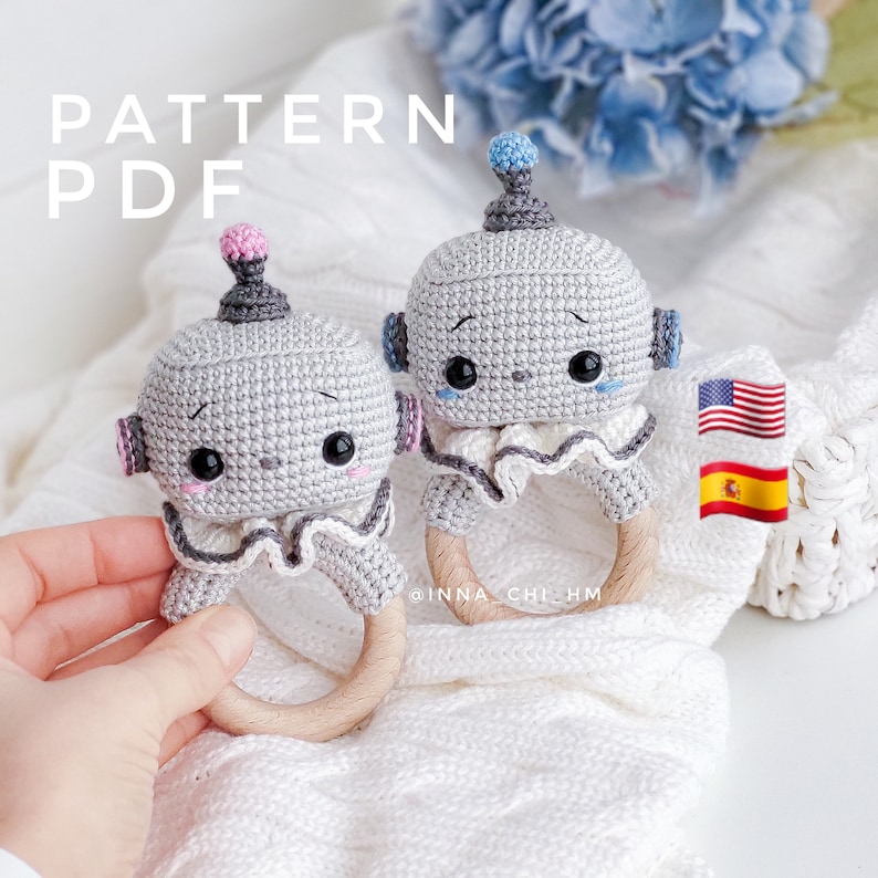 PATTERN ONLY: Robot baby rattle Robot amigurumi toy Diy Robot gift for kid Easy To Follow PDF Pattern in English, Spanish zdjęcie 1
