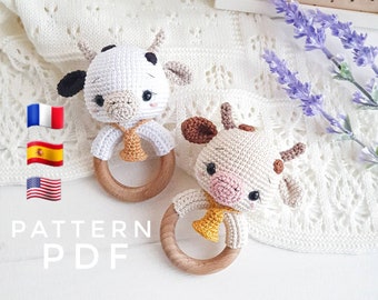 ALLEEN PATROON: Babyrammelaar koe | Amigurumi speelgoed koe | Koe speelgoed tutorial | PDF-haakpatroon in het Engels, Spaans, Frans