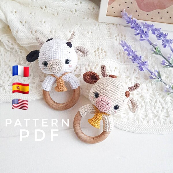 SÓLO PATRÓN: Sonajero vaca bebé / Vaca amigurumi juguete / Vaca juguete tutorial / PDF Patrón de ganchillo en inglés, español, francés