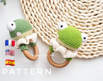 NUR MUSTER: Frosch Babyrassel | Frosch Amigurumi Spielzeug | Frosch Spielzeug Tutorial | Froggy PDF Häkelanleitung in Englisch, Spanisch, Französisch