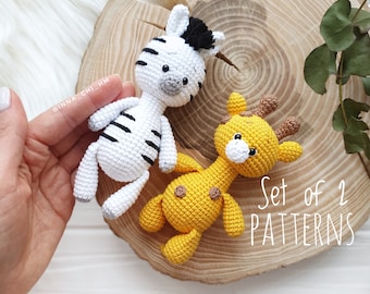 Set van 2 patronen Zebra, Giraffe| Gehaakt Safari speelgoedpatroon | DIY Amigurumi-speelgoed | PDF Amigurumi speelgoedpatronen