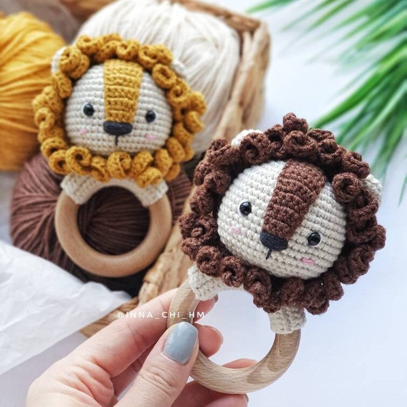 PATTERN ONLY: Lion Baby Rattle Safari Animal Toy Amigurumi lion toy Easy To Follow PDF Pattern in English, French, Spanish image 3