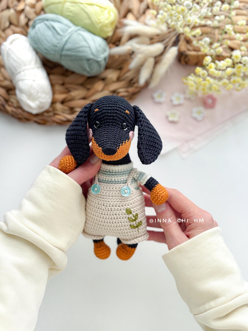 May include: A handmade crochet dachshund dog wearing a cream-colored dress with blue buttons and a green leaf design. The dog has black fur, orange paws, and a tan snout. The background includes yarn and flowers.