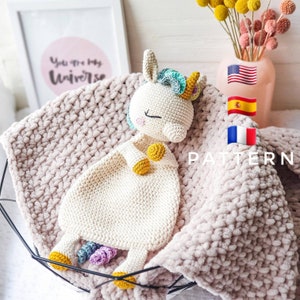 PATTERN ONLY: Unicorn Lovey | Unicorn Baby Security Blanket | Unicorn snuggler | PDF Tutorial in English, Spanish, French