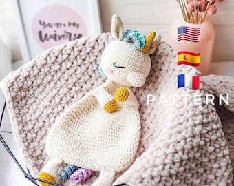 PATTERN ONLY: Unicorn Lovey | Unicorn Baby Security Blanket | Unicorn Lovey crochet toy | PDF Tutorial in English, Spanish, French