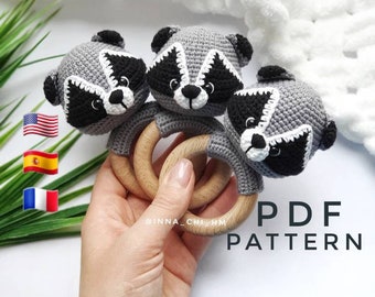 PATTERN ONLY: Raccoon Baby Rattle | Raccoon Toy Pattern | Woodland Animal Toy | Handmade Baby Gift | PDF in English, Spanish, French