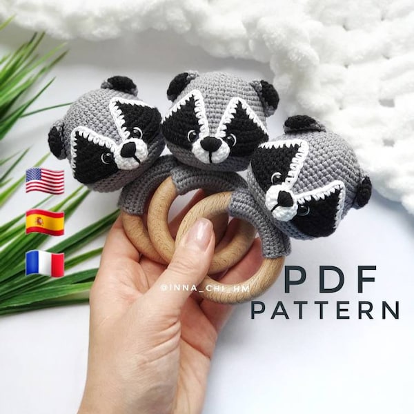 PATTERN ONLY: Raccoon Baby Rattle | Raccoon Toy Pattern | Woodland Animal Toy | Handmade Baby Gift | PDF in English, Spanish, French