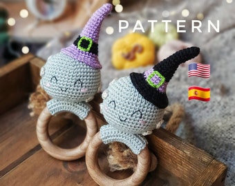 MODELLO: Luna con cappello da strega / Sonaglio per bambini / Regalo per bambini di Halloween / Giocattolo amigurumi all'uncinetto / Schema PDF per uncinetto in inglese, spagnolo