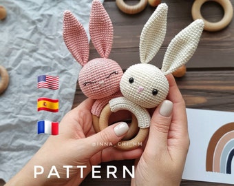 MOTIF UNIQUEMENT : hochet lapin | Hochet pour bébé lapin | Jouet animal des bois | Tutoriel PDF en anglais, espagnol, français