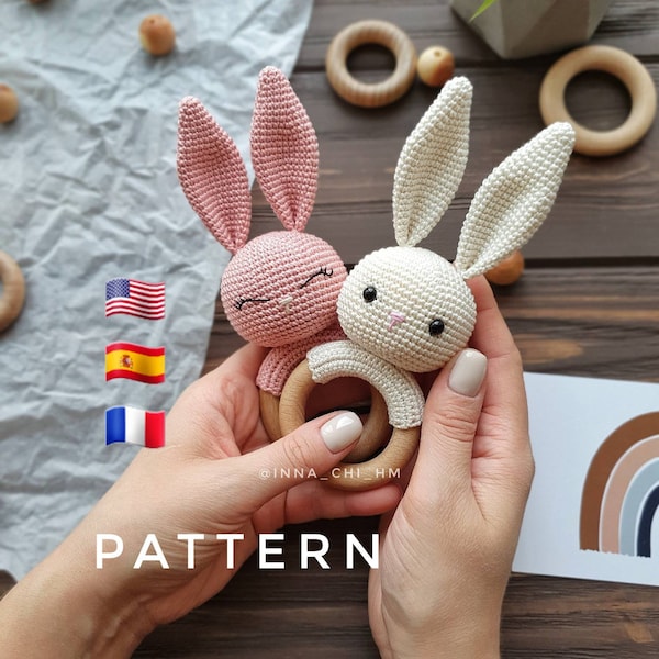 MOTIF UNIQUEMENT : hochet lapin | Hochet pour bébé lapin | Jouet animal des bois | Tutoriel PDF en anglais, espagnol, français