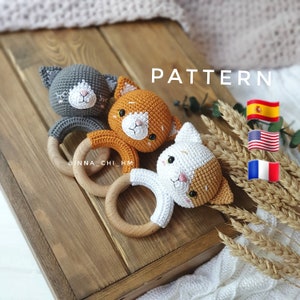 MOTIF UNIQUEMENT : Hochet pour bébé chaton Jouet amigurumi chat Tutoriel pour chaton au crochet Modèle de crochet PDF anglais termes américains, français, espagnol image 1