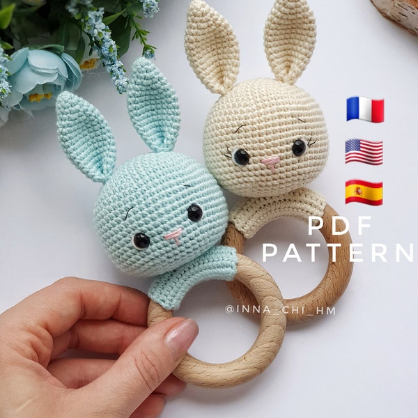 MODÈLE UNIQUEMENT : Hochet lapin | Hochet Lapin | Jouet lapin amigurumi | Téléchargement instantané PDF anglais, espagnol, français