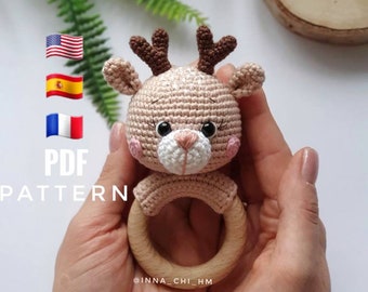CROCHET PATTERN: Deer baby rattle | Handmade baby shower gift | Diy deer crochet toy | Pdf Tutorial in English (US terms), Spanish, French