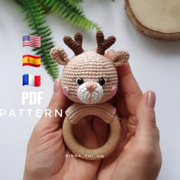 CROCHET PATTERN: Deer baby rattle | Handmade baby shower gift | Diy deer crochet toy | Pdf Tutorial in English (US terms), Spanish, French