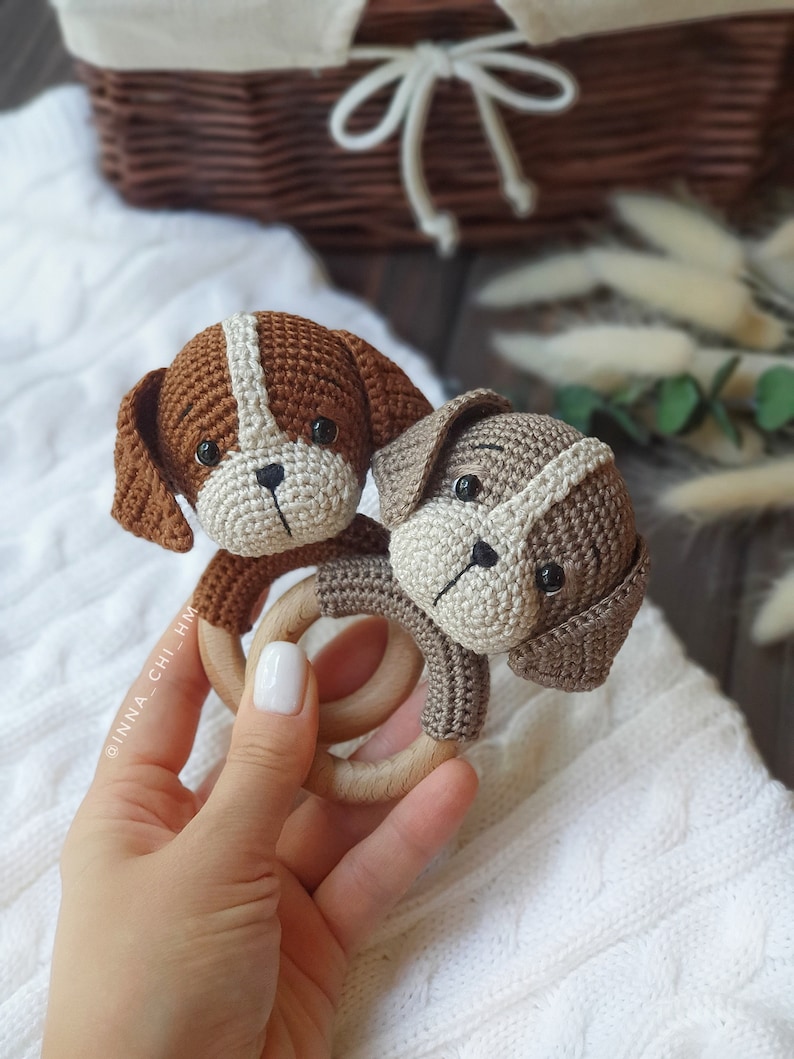 PATTERN ONLY: Puppy baby rattle Dog amigurumi toy Puppy toy tutorial PDF Crochet Pattern French, Spanish, English image 3