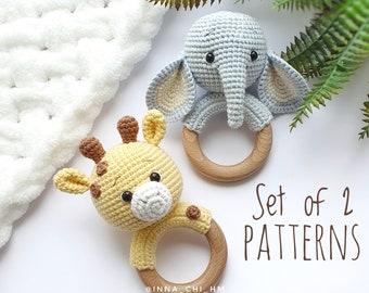 Set di 2 modelli Elefante, Giraffa/Modello Safari a sonaglino all'uncinetto / Giocattoli Amigurumi / Modelli Amigurumi PDF in inglese