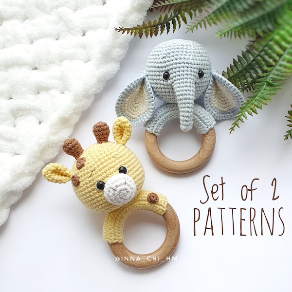 Set of 2 patterns Elephant, Giraffe| Crochet Safari Rattle Pattern | Amigurumi Toys | PDF Amigurumi Patterns in English