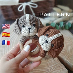 PATTERN ONLY: Puppy baby rattle Dog amigurumi toy Puppy toy tutorial PDF Crochet Pattern French, Spanish, English image 1