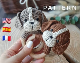PATTERN ONLY: Puppy baby rattle | Dog amigurumi toy | Puppy toy tutorial | PDF Crochet Pattern French, Spanish, English