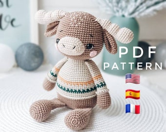 PATTERN ONLY: Moose crochet toy | Amigurumi Moose | Elk crochet tutorial | Pdf Crochet Pattern in English (US terms), Spanish, French