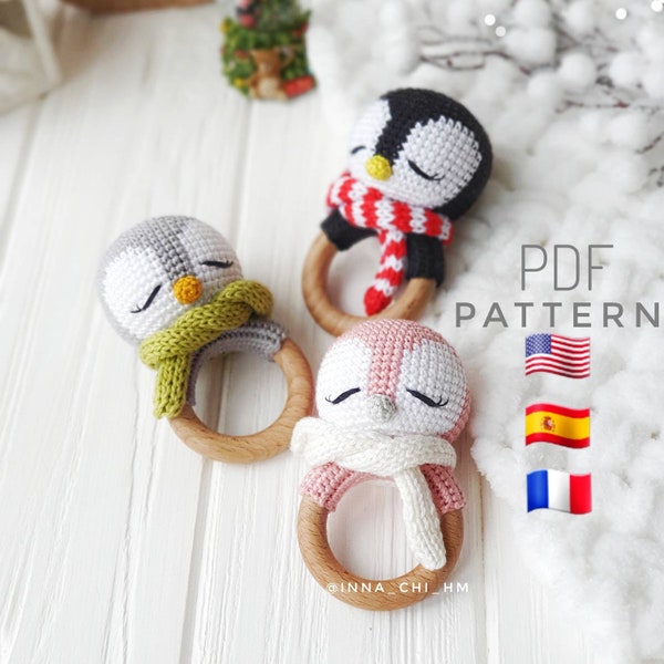 PATTERN ONLY: Penguin baby rattle | Christmas ornament | Penguin amigurumi toy | PDF Crochet Pattern in English, Spanish, French