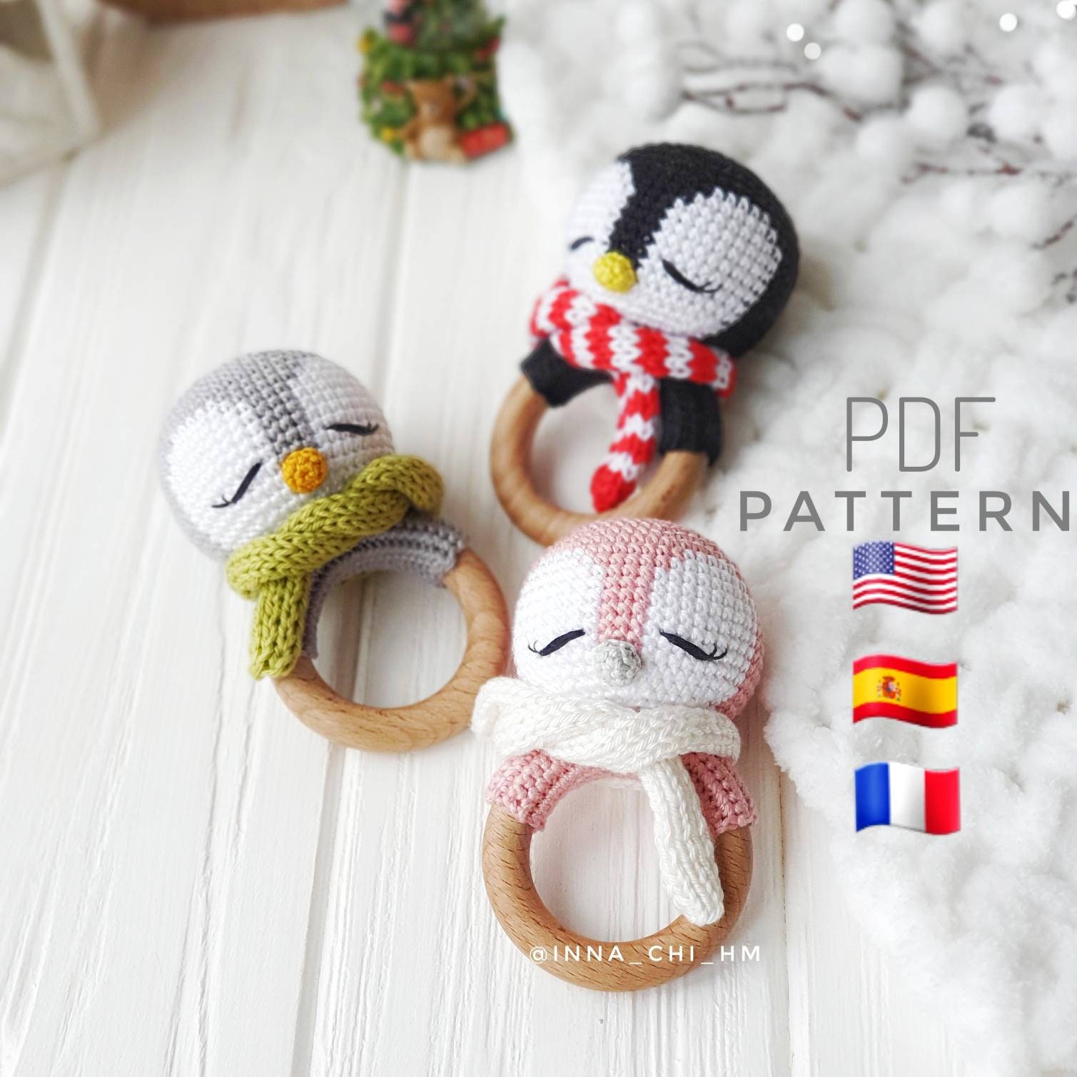 Wzór na szydełkową grzechotkę pingwina: zabawka amigurumi, ozdoba świąteczna (PDF)