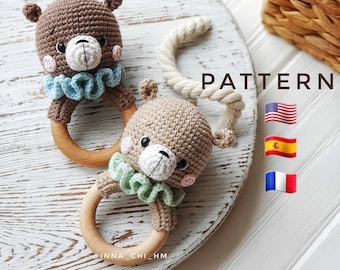 SOLO PATRÓN: Sonajero de oso para bebé/ Patrón de ganchillo de animales del bosque / Tutorial de juguete de oso / Juguete Amigurumi / Patrón PDF Amigurumi