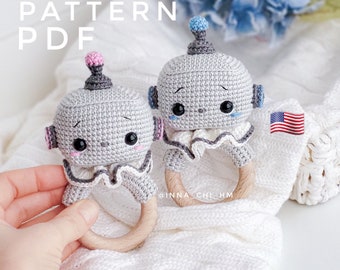 MODÈLE UNIQUEMENT : Hochet robot pour bébé | Jouet amigurumi robot | Cadeau de robot bricolage pour enfant | Modèle PDF facile à suivre en anglais