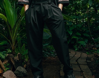 Urban ninja black loose fit trousers, japanese streetwear pants, mens futuristic legwear