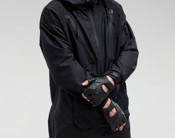 Black jacket, anorak, techwear, cybergoth, gothic jacket, monogram rain jacket, racing jacket, aesthetic jacket, goth jacket, samurai jacket