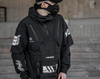 Black techwear men's jacket, harajuku streetwear fall outfit, cyberpunk anorak