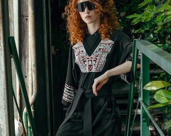 Oversize urban samurai kimono, embroidered techwear dress, cyberpunk style robe