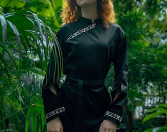 Japanese streetwear shirt dress, techwear goth girl outfit, futuristic alternative tunic