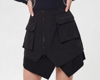 Futuristic double layer cargo skirt, japanese streetwear functional cyberpunk outfit