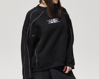 Y2K oversized sweatshirt, grunge hoodie with reflective trim, unisex gothic streetwear