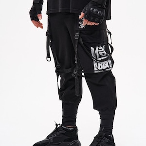 Black Techwear mens cargo pants, Cyberpunk 2077 baggy cargo trousers, mens rave pants, streetwear pants, combat pants, wide leg pants
