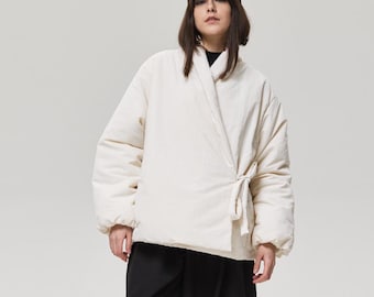 Oversized kimono puffer, techwear noragi jacket, japanese white puffer outerwear
