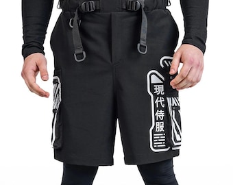 Urban ninja cargo shorts, black tactical utility summer festival japanese legwear