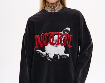 Grunge long sleeve, oversized goth shirt, distressed graphic tee, darkwear rave outfit