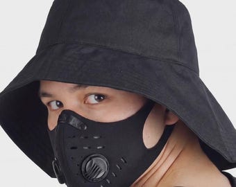 Urban samurai black bucket hat, techwear alternative boonie gear,darkwear summer headwear