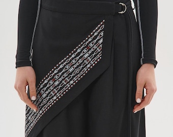 Japanese goth half skirt overlay, urban ninja asymmetrical obi, darkwear outfit
