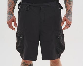 Tactical black cargo shorts, functional urban multipocket bermudas, gorpcore legwear